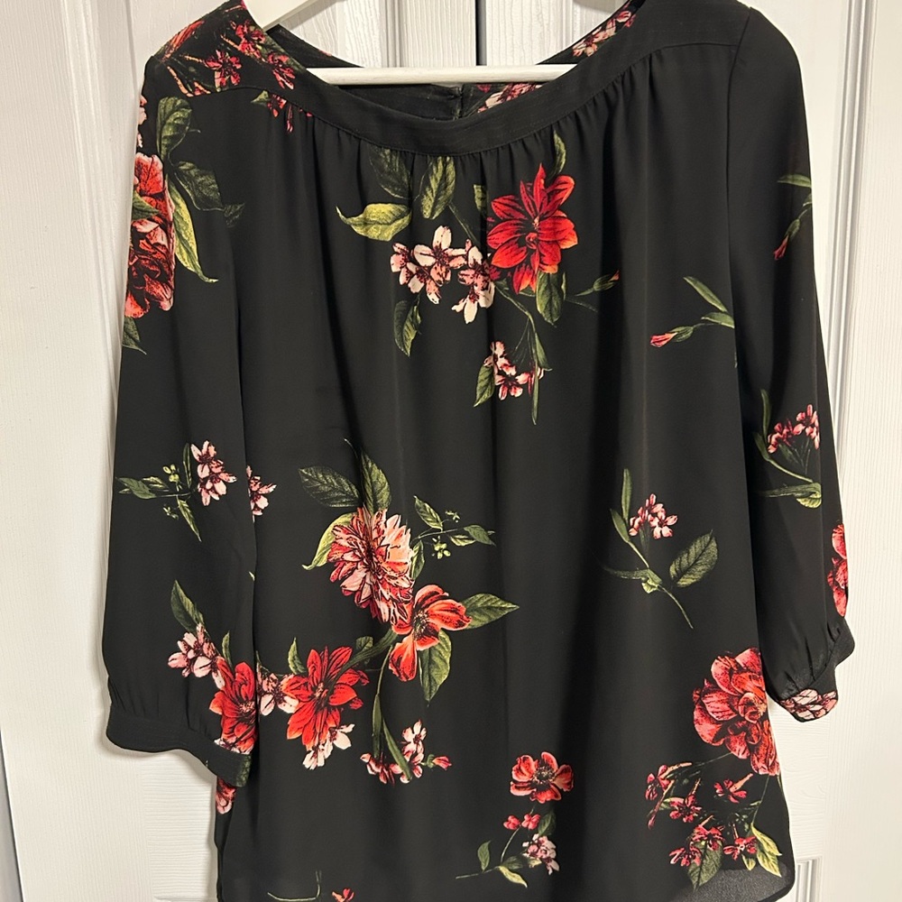 Reitmans Black Blouse with Red Floral Design